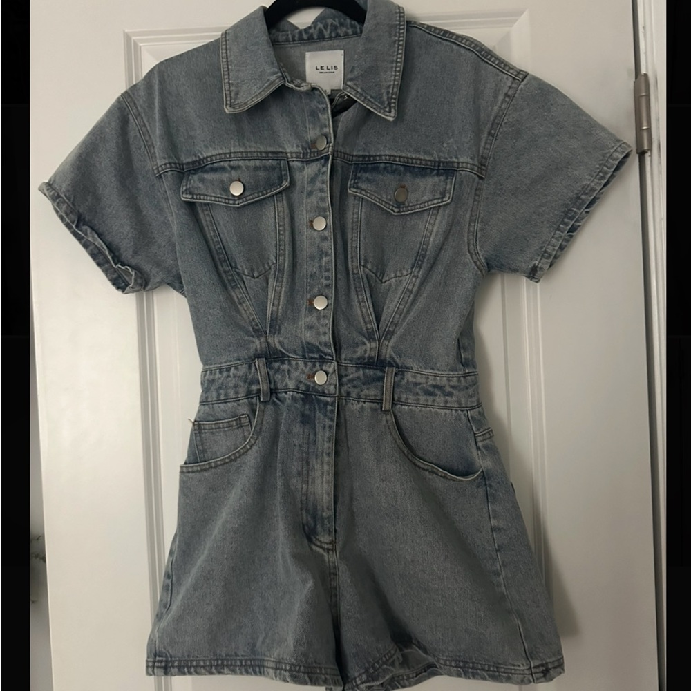 Le Lis Blue Denim Short Sleeve Jumpsuit